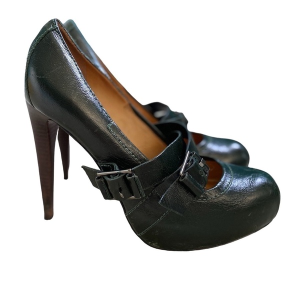 L.A.M.B Women’s Size 8.5 Finsbury Green Leather Mary Jane Buckle Platform Heels - Picture 1 of 14